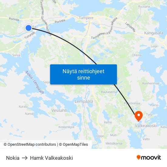 Nokia to Hamk Valkeakoski map