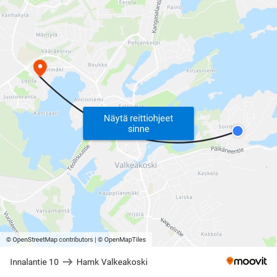 Innalantie 10 to Hamk Valkeakoski map