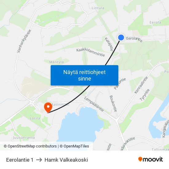 Eerolantie 1 to Hamk Valkeakoski map