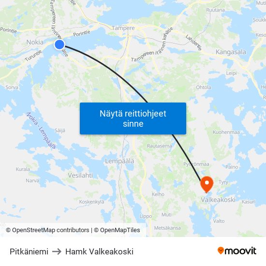 Pitkäniemi to Hamk Valkeakoski map