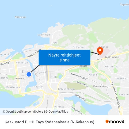 Keskustori D to Tays Sydänsairaala (N-Rakennus) map