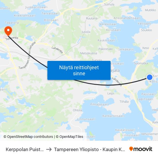 Kerppolan Puistotie to Tampereen Yliopisto - Kaupin Kampus map