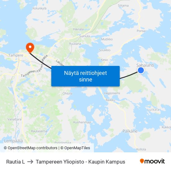 Rautia L to Tampereen Yliopisto - Kaupin Kampus map