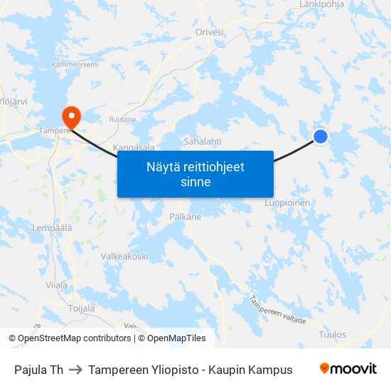 Pajula Th to Tampereen Yliopisto - Kaupin Kampus map