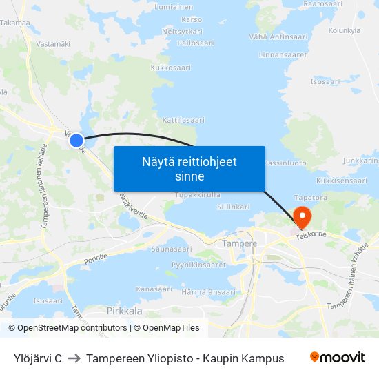 Ylöjärvi C to Tampereen Yliopisto - Kaupin Kampus map