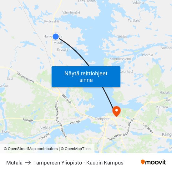 Mutala to Tampereen Yliopisto - Kaupin Kampus map