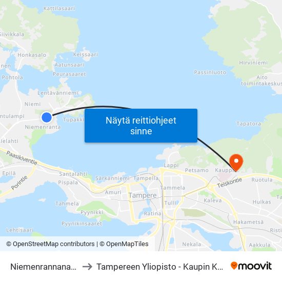 Niemenrannanaukio to Tampereen Yliopisto - Kaupin Kampus map