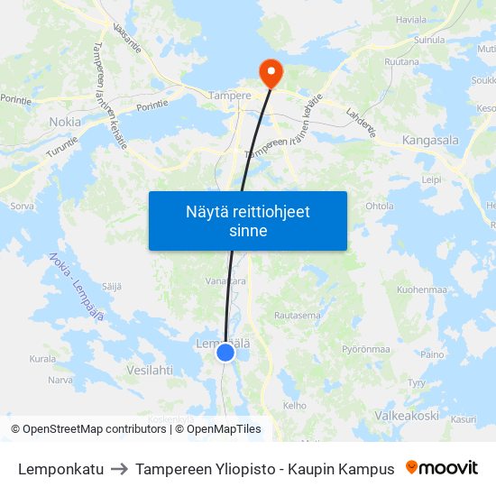 Lemponkatu to Tampereen Yliopisto - Kaupin Kampus map