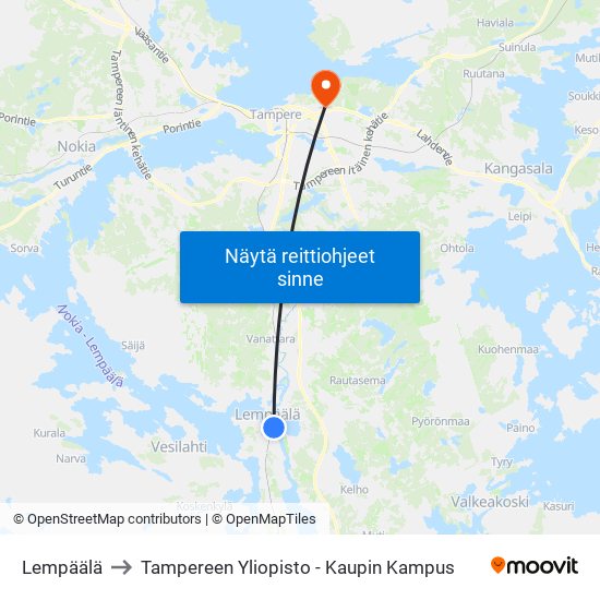 Lempäälä to Tampereen Yliopisto - Kaupin Kampus map