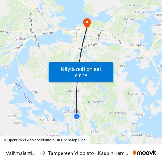 Vaihmalantie L to Tampereen Yliopisto - Kaupin Kampus map