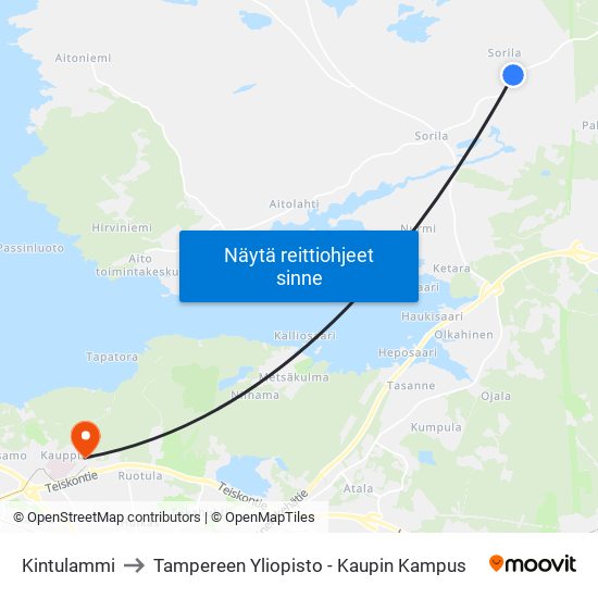 Kintulammi to Tampereen Yliopisto - Kaupin Kampus map