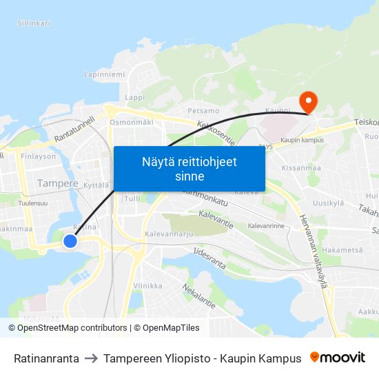 Ratinanranta to Tampereen Yliopisto - Kaupin Kampus map