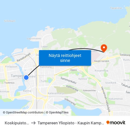 Koskipuisto A to Tampereen Yliopisto - Kaupin Kampus map