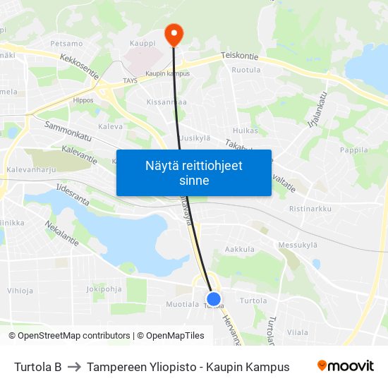 Turtola B to Tampereen Yliopisto - Kaupin Kampus map