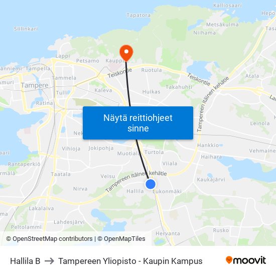 Hallila B to Tampereen Yliopisto - Kaupin Kampus map