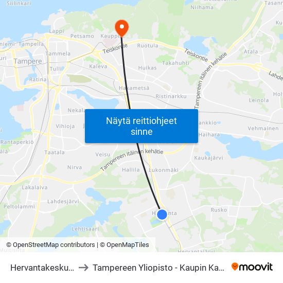 Hervantakeskus A to Tampereen Yliopisto - Kaupin Kampus map