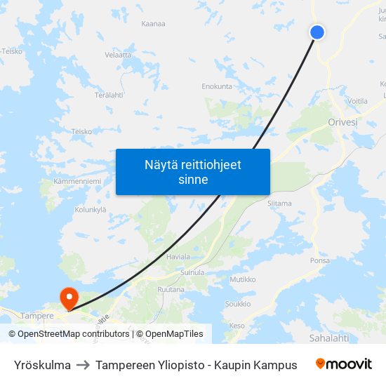 Yröskulma to Tampereen Yliopisto - Kaupin Kampus map