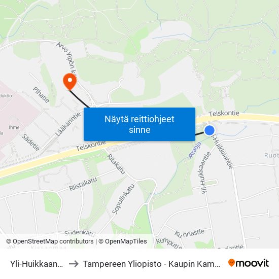 Yli-Huikkaantie to Tampereen Yliopisto - Kaupin Kampus map