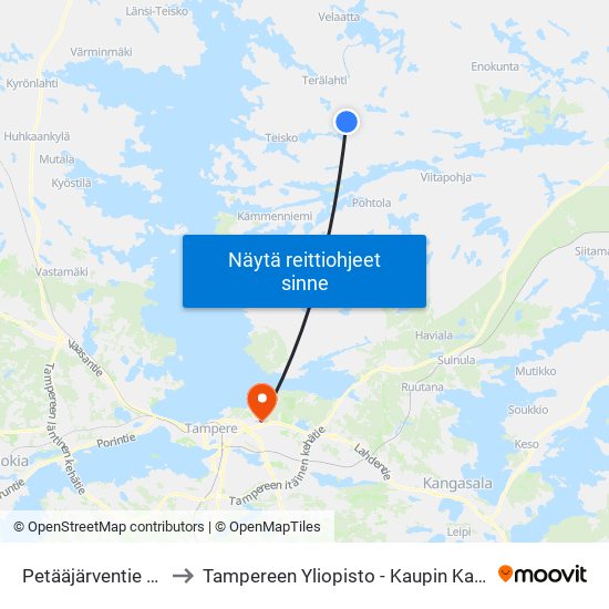 Petääjärventie 298 to Tampereen Yliopisto - Kaupin Kampus map