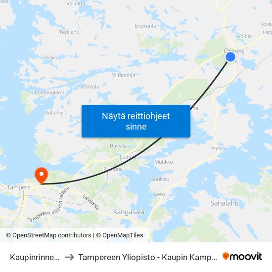 Kaupinrinne P to Tampereen Yliopisto - Kaupin Kampus map