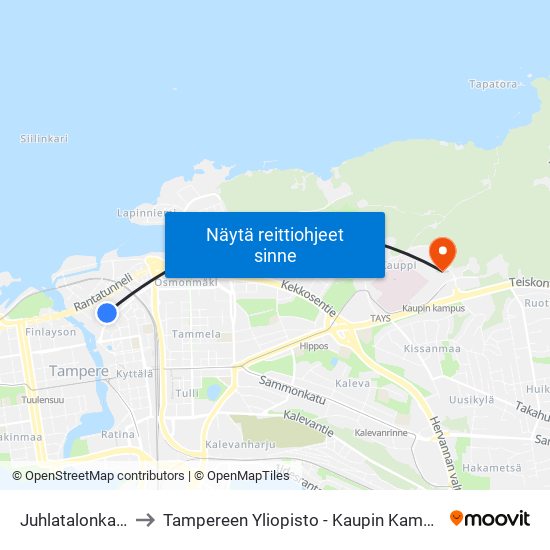 Juhlatalonkatu to Tampereen Yliopisto - Kaupin Kampus map