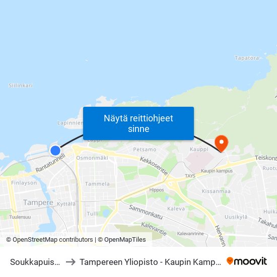 Soukkapuisto to Tampereen Yliopisto - Kaupin Kampus map