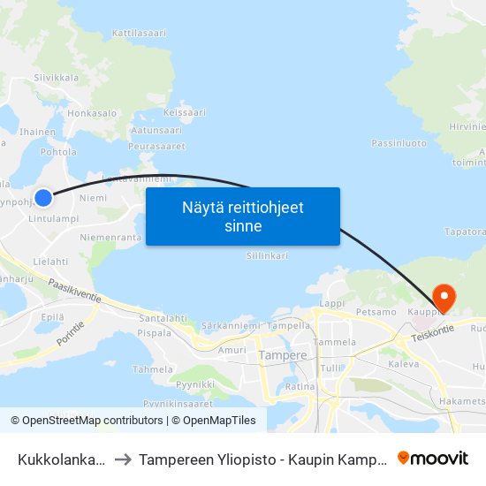 Kukkolankatu to Tampereen Yliopisto - Kaupin Kampus map