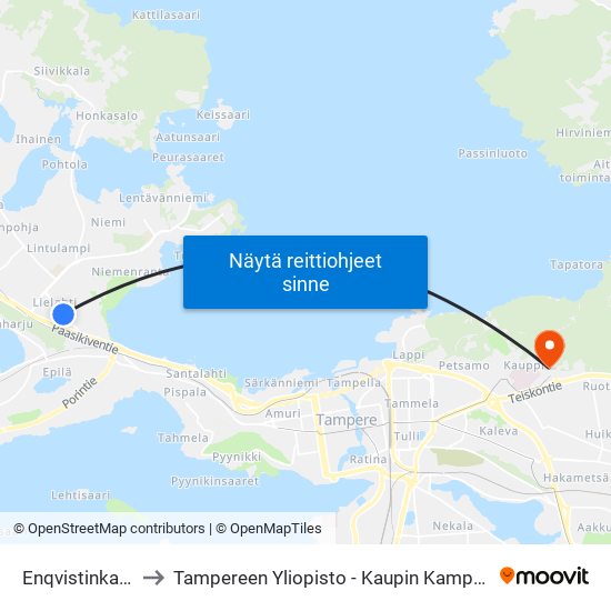Enqvistinkatu to Tampereen Yliopisto - Kaupin Kampus map