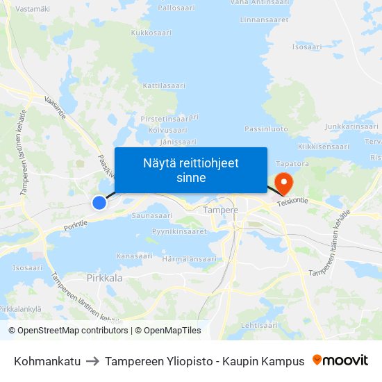 Kohmankatu to Tampereen Yliopisto - Kaupin Kampus map