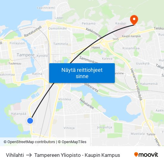 Vihilahti to Tampereen Yliopisto - Kaupin Kampus map