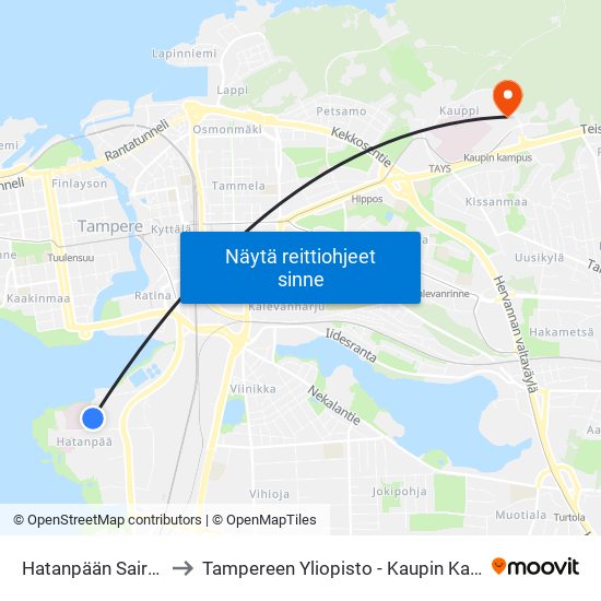 Hatanpään Sairaala to Tampereen Yliopisto - Kaupin Kampus map