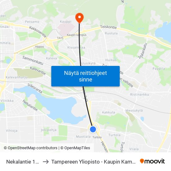 Nekalantie 110 to Tampereen Yliopisto - Kaupin Kampus map