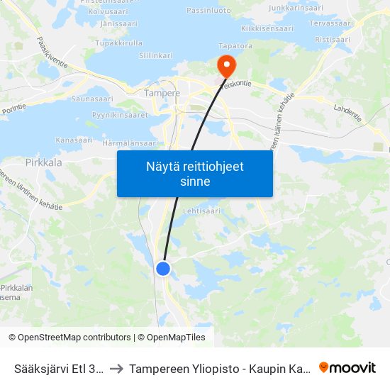 Sääksjärvi Etl 38 P to Tampereen Yliopisto - Kaupin Kampus map