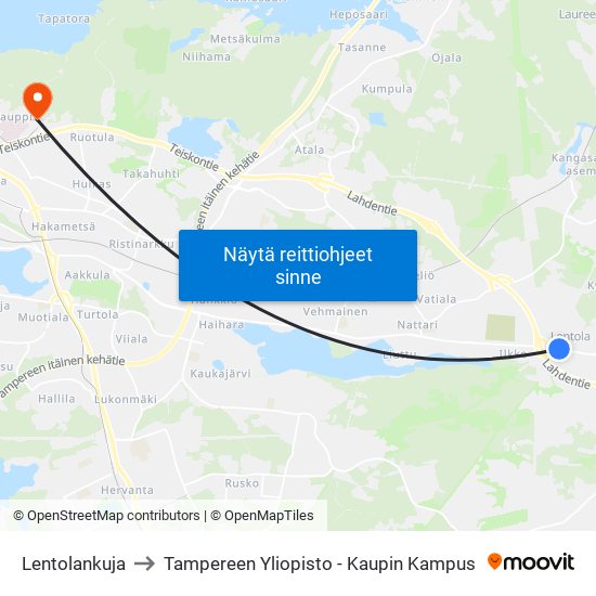 Lentolankuja to Tampereen Yliopisto - Kaupin Kampus map