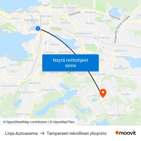 Linja-Autoasema to Tampereen teknillinen yliopisto map