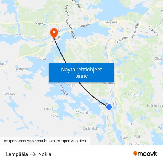 Lempäälä to Nokia map