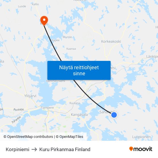 Korpiniemi to Kuru Pirkanmaa Finland map