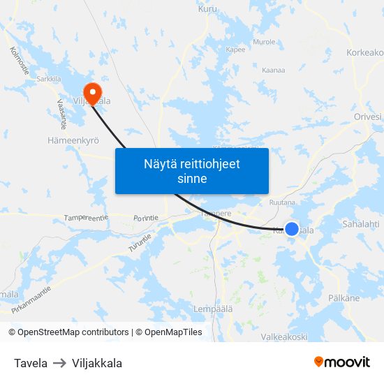 Tavela to Viljakkala map