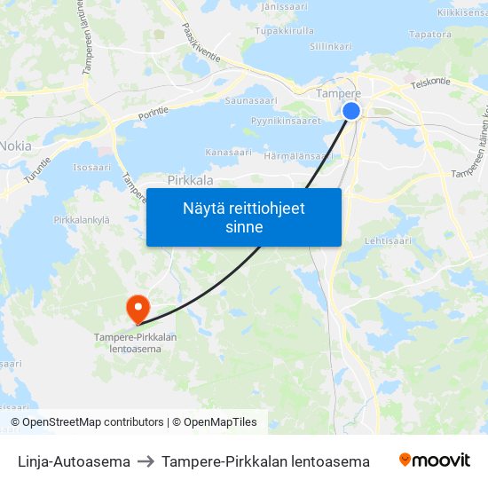 Linja-Autoasema to Tampere-Pirkkalan lentoasema map