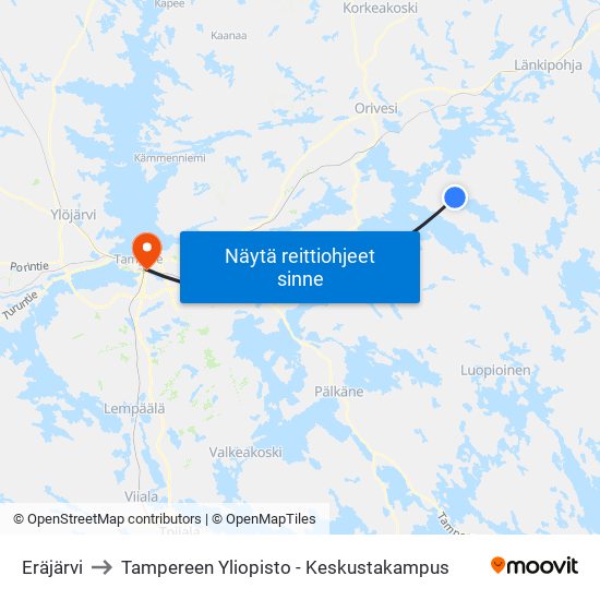 Eräjärvi to Tampereen Yliopisto - Keskustakampus map
