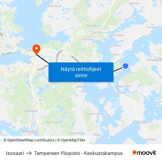 Isosaari to Tampereen Yliopisto - Keskustakampus map