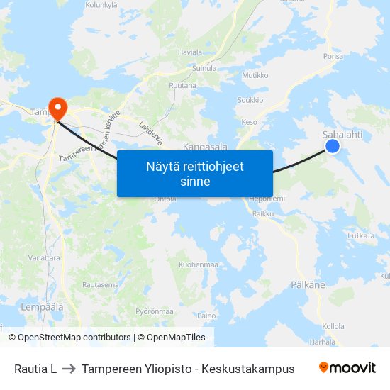 Rautia L to Tampereen Yliopisto - Keskustakampus map