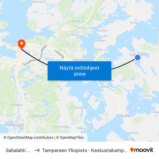 Sahalahti Th to Tampereen Yliopisto - Keskustakampus map