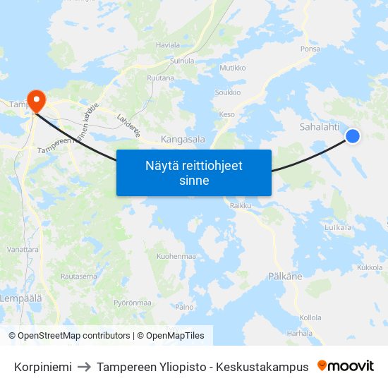Korpiniemi to Tampereen Yliopisto - Keskustakampus map
