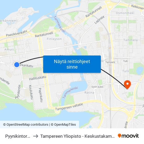 Pyynikintori C to Tampereen Yliopisto - Keskustakampus map