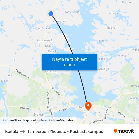 Kaitala to Tampereen Yliopisto - Keskustakampus map