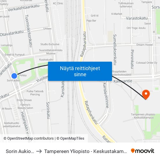 Sorin Aukio B to Tampereen Yliopisto - Keskustakampus map