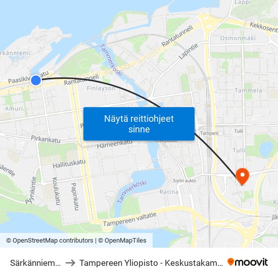 Särkänniemi E to Tampereen Yliopisto - Keskustakampus map