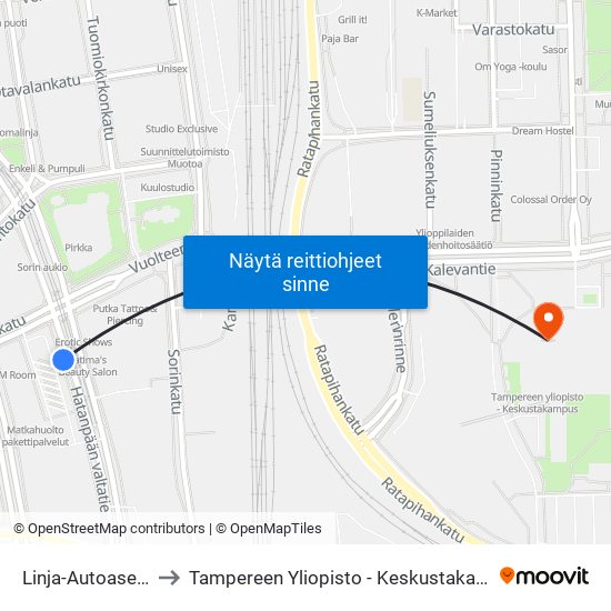 Linja-Autoasema to Tampereen Yliopisto - Keskustakampus map