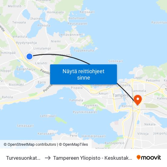 Turvesuonkatu 10 to Tampereen Yliopisto - Keskustakampus map